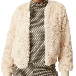 COMPANIA FANTASTICA Cream Faux Fur Full Zip Bomber Jacket NWT Size Large
